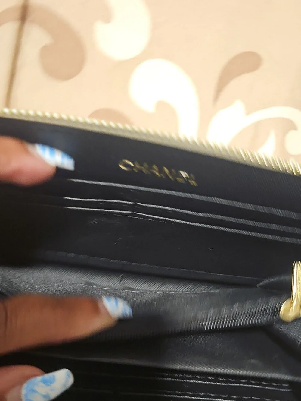 White Quilted Leather Zip Wallet with Gold Chain Trim